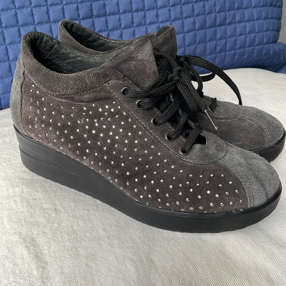 Grey suede lace tied wedge bootie